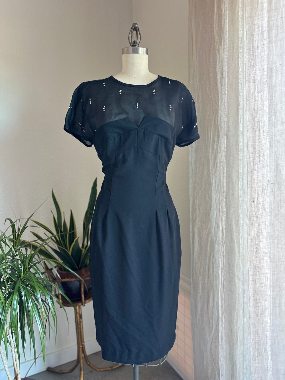 Cynthia Howie Women’s 10 Black Sheer Panel Midi Dress Beaded 90s Chic Vintage